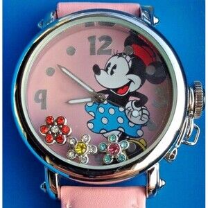 VTG Disney Minnie Mouse Watch Pink Rhinestone Float Flower Character NIB NOS Y2K